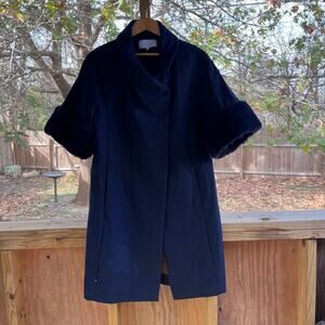 Pearl By Lela Rose Women's Navy Double Face Cape Coat With Fur Cuff Size S